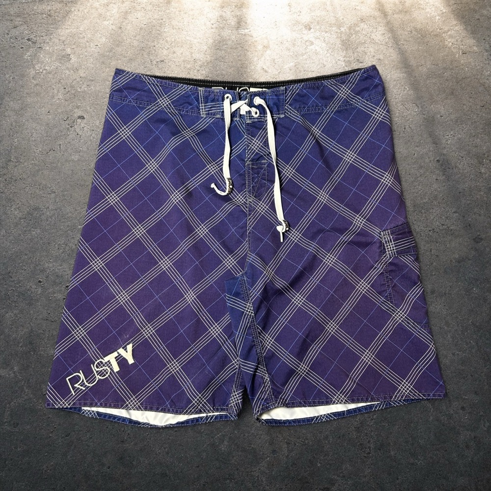 Rusty Vintage Skater Board Shorts Purple Blue Plaid Size 36 Y2K Biker Surf